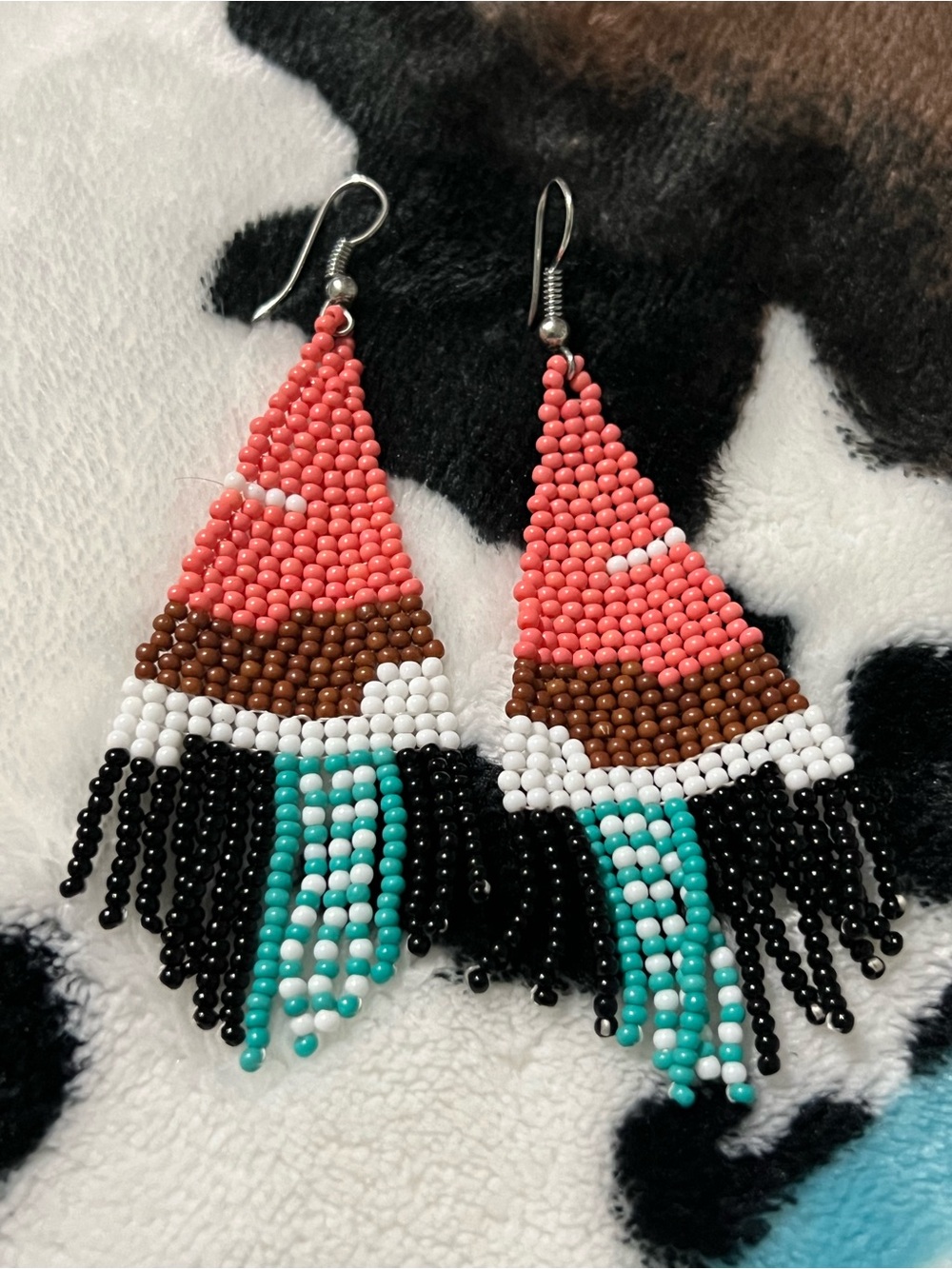 Handmade Coral, Brown & Turquoise Beaded Fringe Earrings